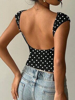 Black And White Casual Women's Sexy Backless Polka Dot Short Sleeve T-Shirt